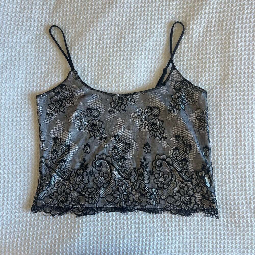 I.T.E.M. Vintage Black Lace Cami Tank Top with Scalloped Hem Medium/Large